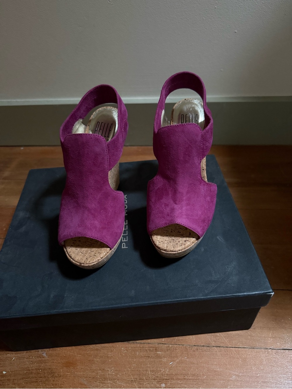 Pelle Moda Suede Open-Toe Wedge Sandals in Magenta